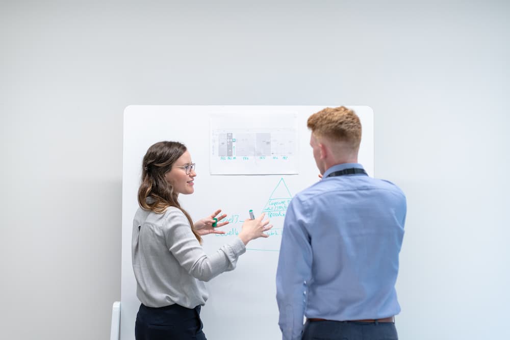 Bilden visar en man och en kvinna i en kontorsmiljö framför en whiteboardtavla där de löser ett problem tillsammans