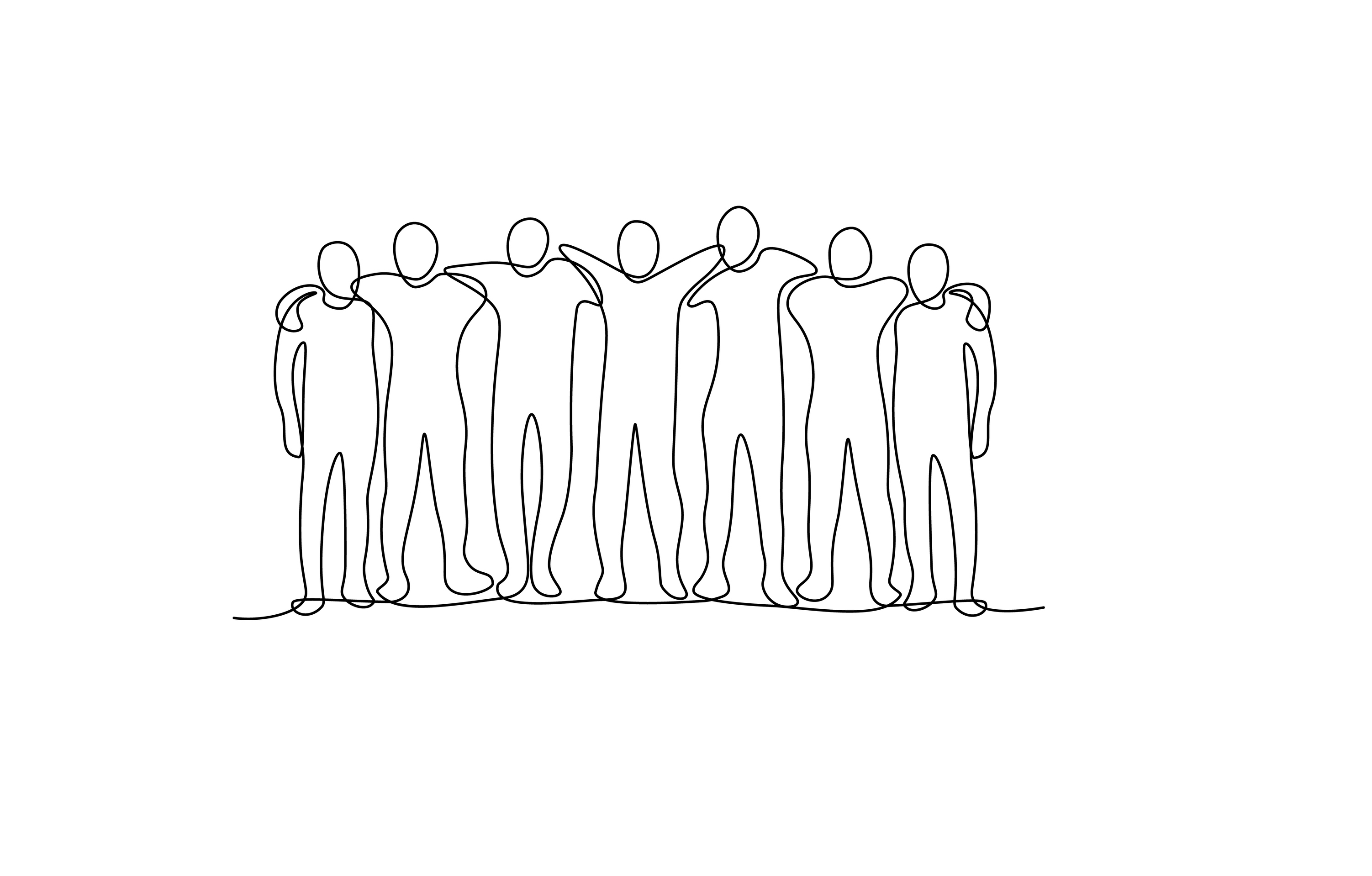 Bilden visar en tecknad grupp med människor som håller om varandra vänskapligt och förmedlar en lagkänsla. Bilden symboliserar Länsgårdens arbete med Social hållbarhet